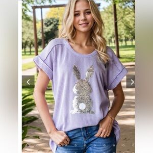949. Ribbed Bunny sequin short sleeve top in lavender